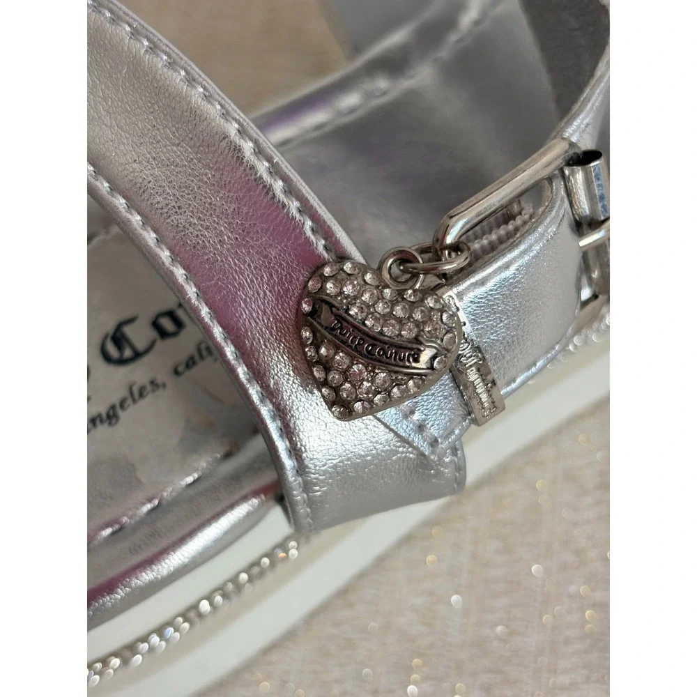 Juicy Couture Tonko‎ Silver Metallic Rhinestone Platform Sandals Womens 9.5